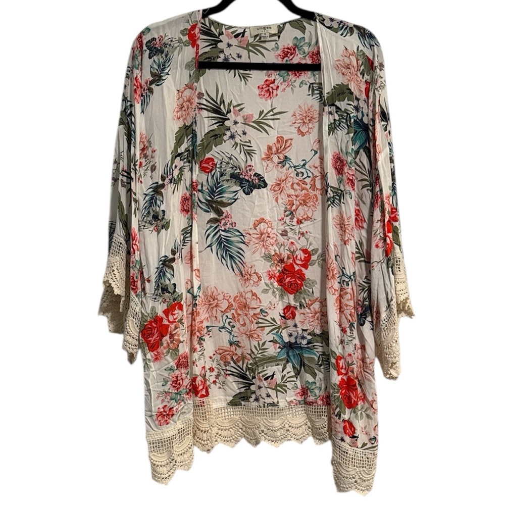 ☀️ Umgee Tropical Print Kimono with Crochet Details
